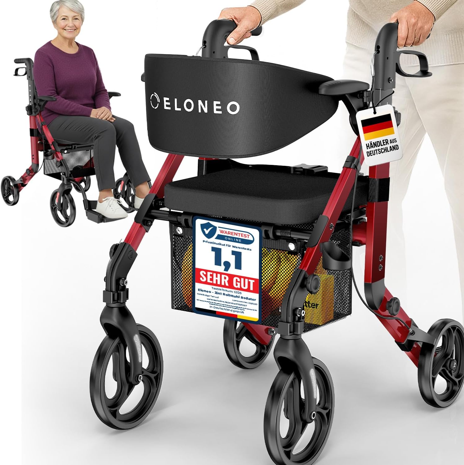 ELONEO 2 in 1 Wheelchair Rollator Foldable and Lightweight with Seat Outdoor Rollator Wheelchair Foldable Lightweight for All Terrain Aluminum Walking Aid for Seniors with Mesh Bag Transport