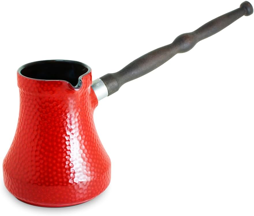 Ceramic Turkish Coffee Pot 350ml Cezve Ibrik Briki Turka \"Hammered\" with Removable Wooden Handle for Gas and Electric Stoves