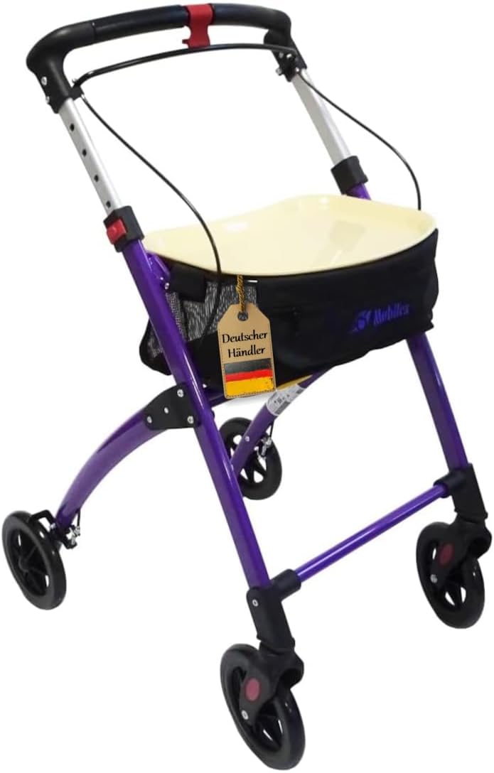 FabaCare Jaguar Indoor Rollator Narrow with Tray, Lightweight Home Rollator, Foldable, up to 100 kg, Purple