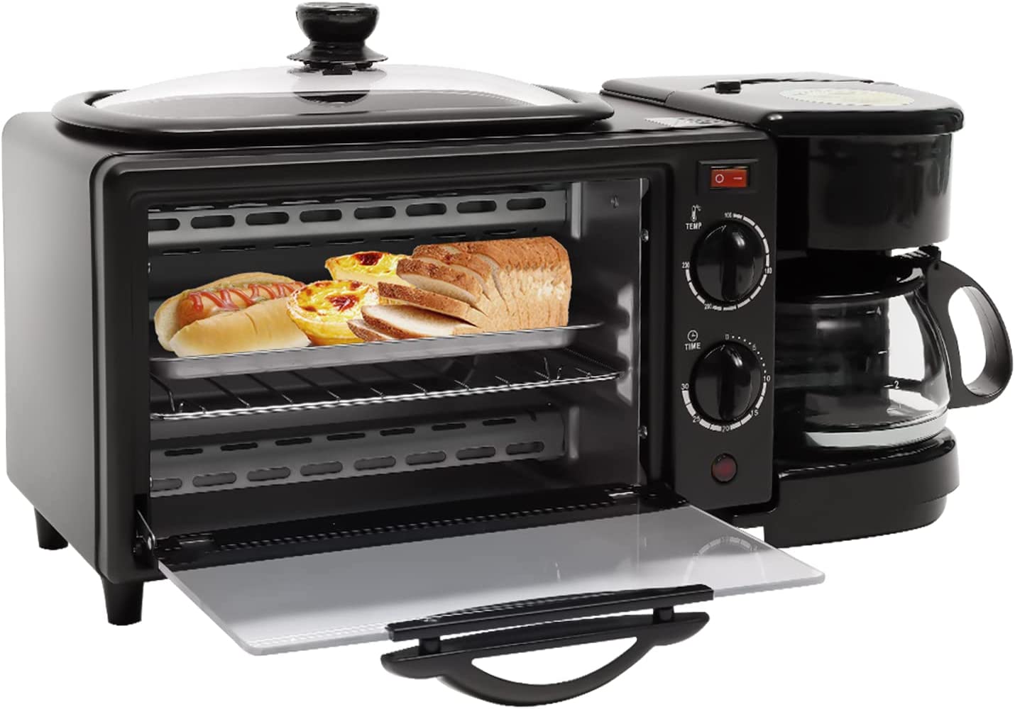 SanBouSi Mini Oven, 3-in-1 Oven Multifunctional Breakfast Maker with Grill Plate and Coffee Machine for Baking, Grilling, Coffee Function, Black