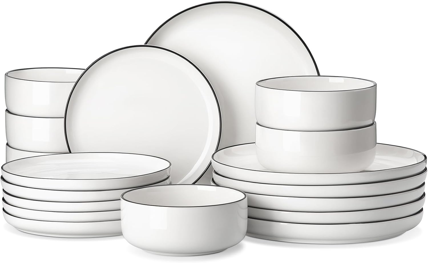 MALACASA Luna 18-Piece Crockery Set for 6 People, White Porcelain Dinner Service with Black Rim, Modern Crockery Set with 6 Dinner Plates, Dessert Plates and Cereal Bowls