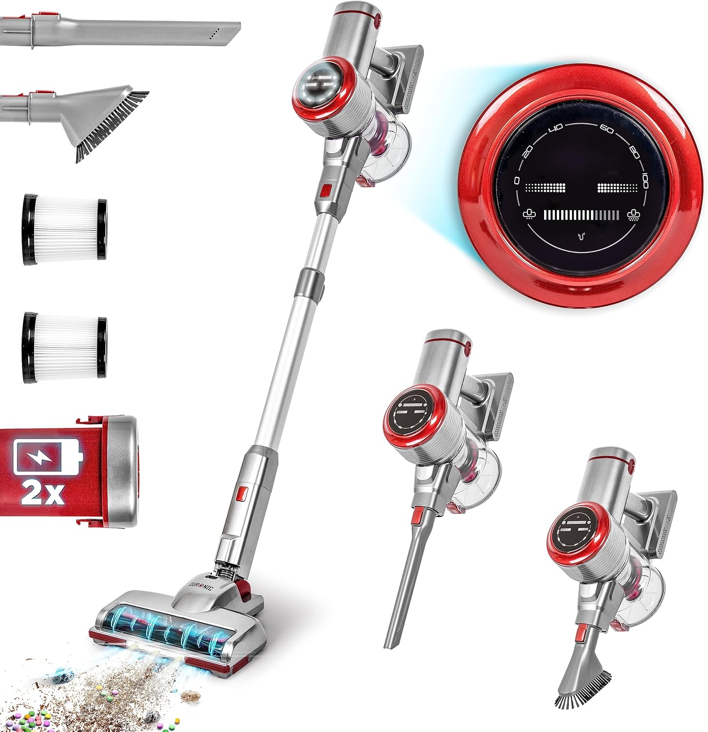 Duronic VC28 Vacuum Cleaner, 220 W Cordless Vacuum Cleaner, Pet Hair Vacuum Cleaner, Battery Vacuum Cleaner with Accessories and Handheld Vacuum Cleaner, 2 Batteries