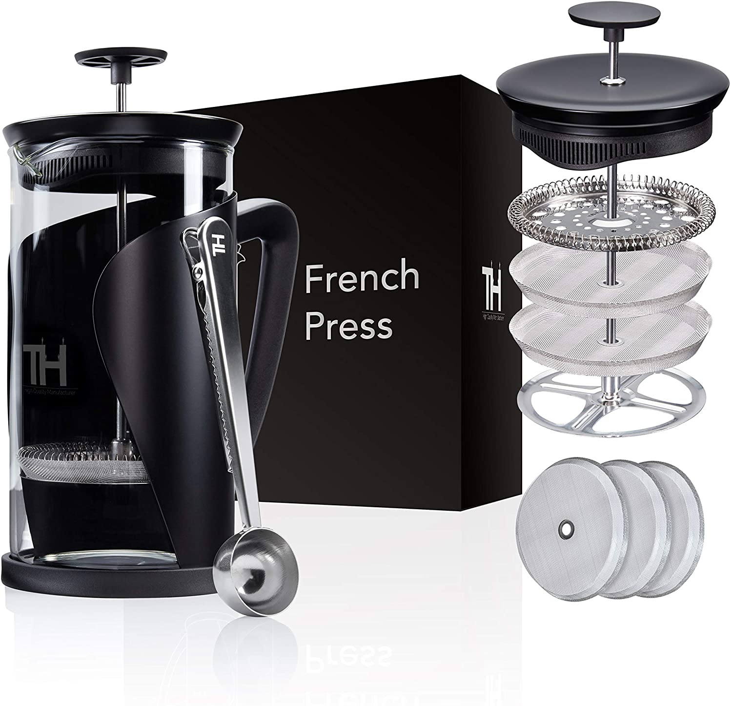 Thiru French Press Coffee Maker with 4D Filter System, Stainless Steel and Glass
