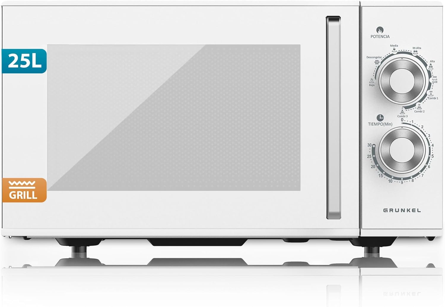 Grunkel Microwave with/without Grill, 25 Litres, 900 W + 1000 W, Grill 20MG 5-6 Power Levels, 3 Combination Modes, 30 Minute Timer, Colour White (with Grill)
