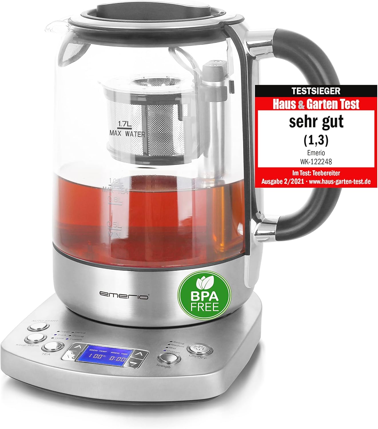 Emerio WK-122248 Glass Tea Maker Kettle Test Winner with Note 1.3 Fully Automatic Tea Strainer Soft Close Borosilicate Glass BPA Free 1.7 L Volume Temperature Selection 2200 Watt Black/Silver