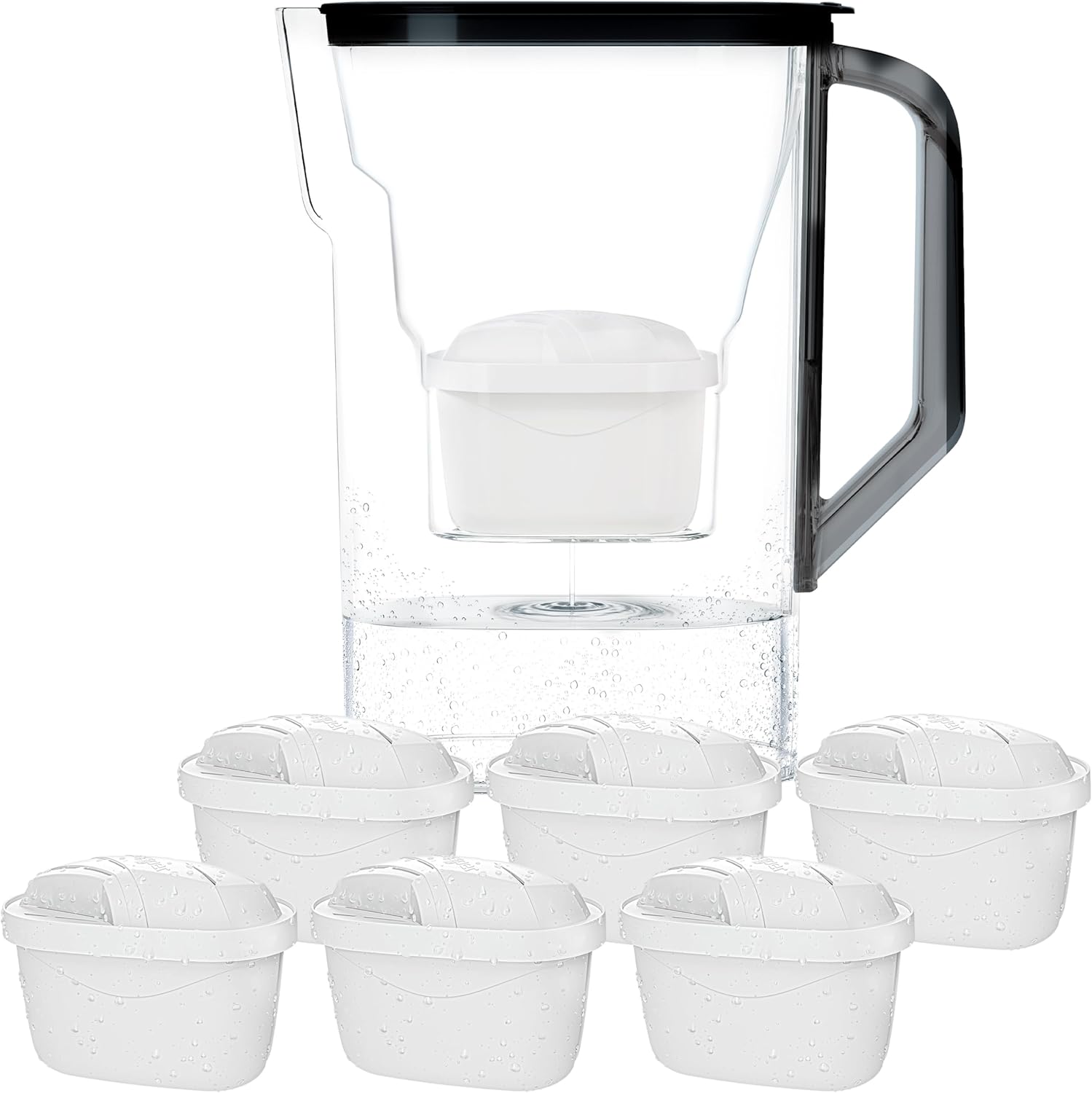 Wessper Water Filter Jug with Filter, Fridge Door Jug 2.7 Liters, Filter Cartridges with Activated Carbon and Ion Exchange Resin, Set Jug and 6 Water Filters, Black