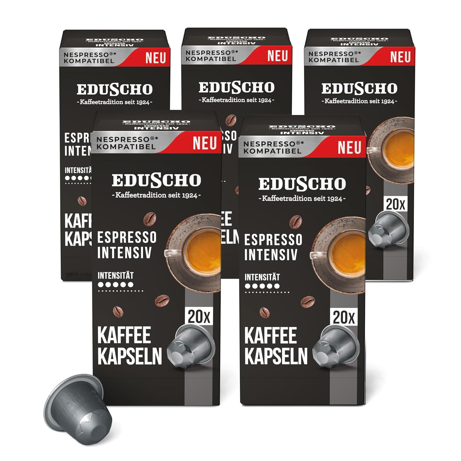 Tchibo Eduscho Storage Box Espresso Intensive Coffee Capsules, Pack of 100 (5 x 20 Coffee Capsules), Compatible with Nespresso, Dark Roasting, Strong and Characterful, Sustainable & Fair Trade