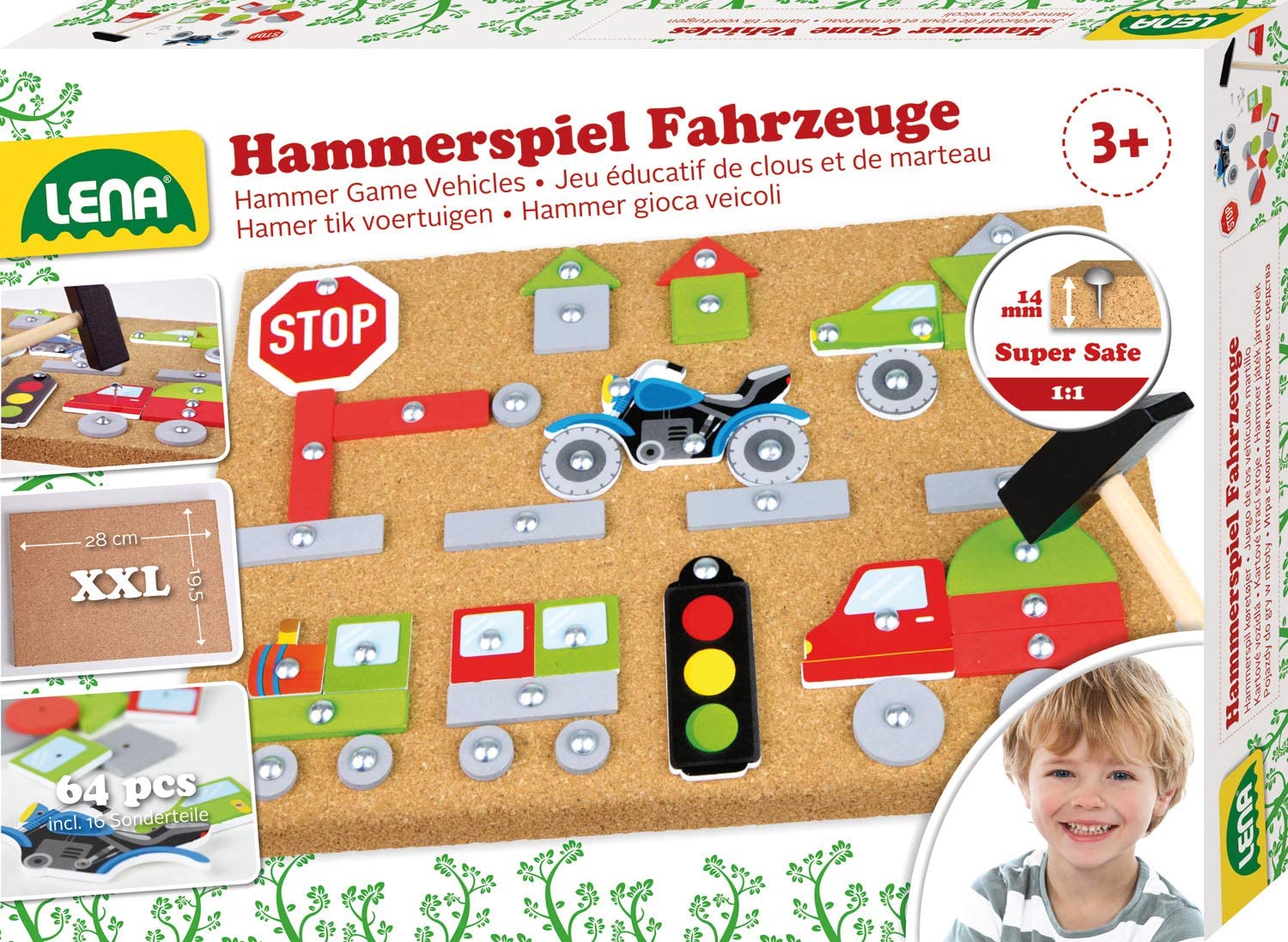 LENA 65826 Children\'s Hammer & Nail Vehicles Play Set, Construction Game with 64 Coloured Parts in Different Shapes for Assembly on a Cork Board (Approx. 28 x 19.5 x 1.4 cm), Hammering Game for Children from 3 Years