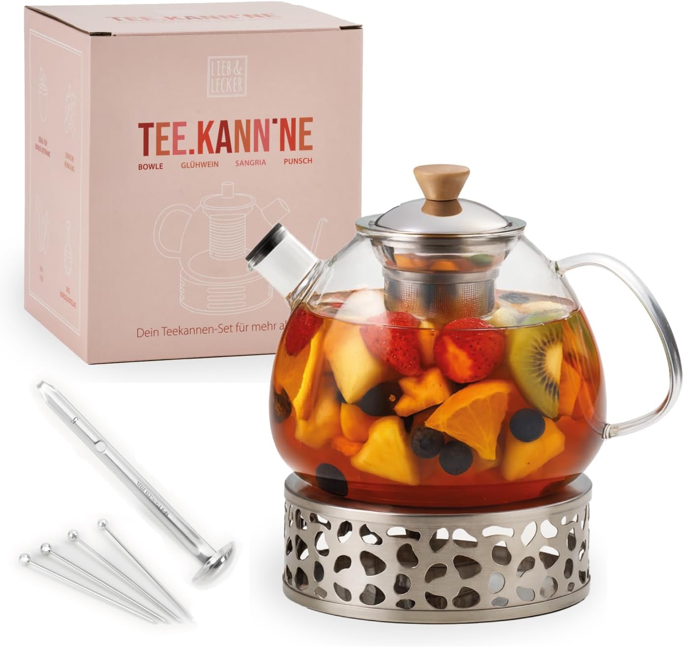 lieb&lecker - Teapot with warmer + punch set + strainer insert - 1500 ml punch bowl made of borosilicate glass, incl. stainless steel trowel, 4 x prickers, insect protection, 2 x recipes - also