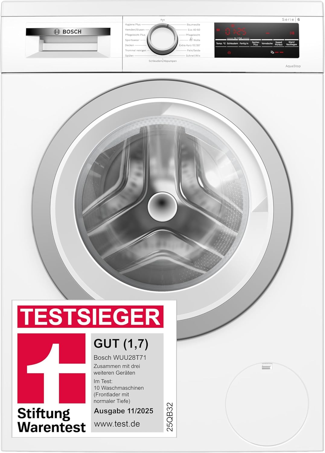 Bosch WUU28T71, Stiftung Warentest Test Winner, Series 6 Washing Machine 8 kg, Undermountable, 1400 rpm, Load Detection, Hygiene Plus, Refill Function, Front Loader, LED Display, Gentle Drum, AquaStop