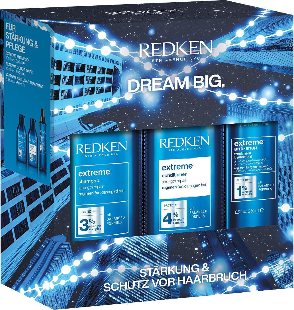 Redken Care Set with Shampoo 300 ml, Conditioner 300 ml & Anti-Snap Spray 250 ml for Brittle and Damaged Hair, Anti Hair Breakage, with Interlock Protein Network, Extreme