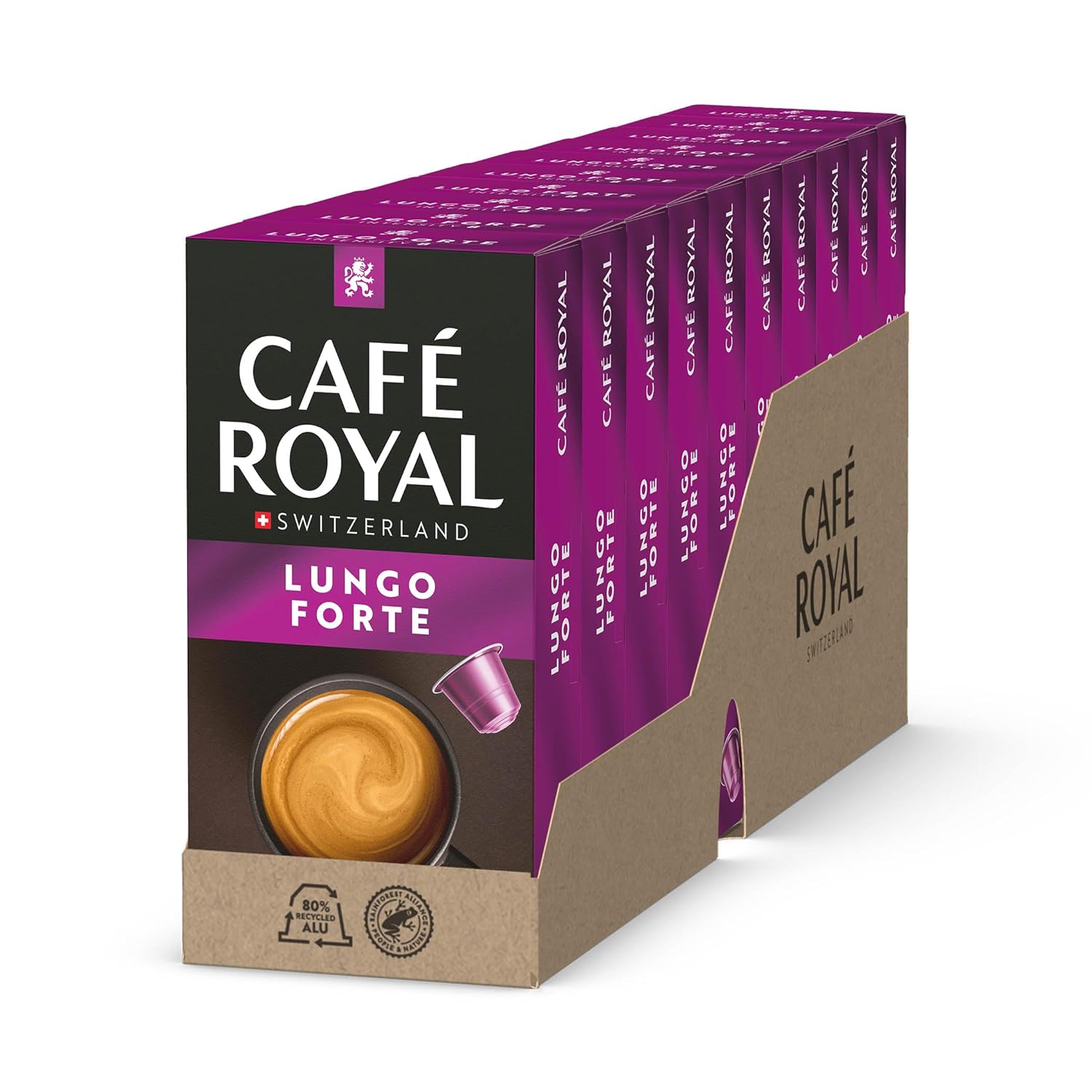 Café Royal, Lungo Forte, 100 Nespresso (R) Compatible Capsules, 80% Recycled Aluminum, Rainforest Alliance Certified, Intensity 8