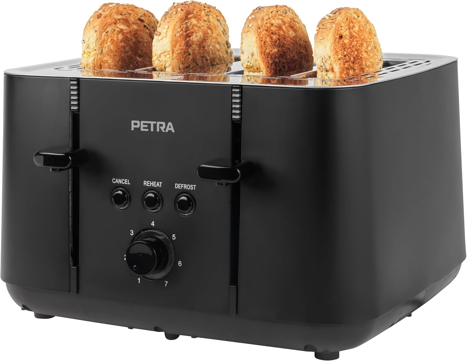 Petra Toaster 4 Slices 1850 W, XXL Bread Toaster with 7 Browning Levels, Toaster with Self-Centring Slots and Anti-Jam Function, Crumb Drawer, Black