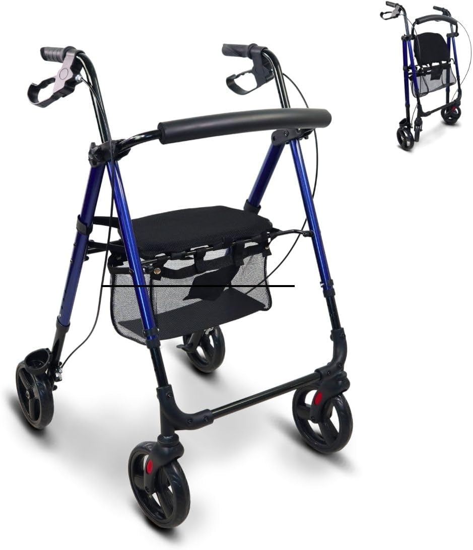 Mobiclinic®, Foldable and Lightweight Walker for Overweight People, Foldable, Lightweight, Adjustable Legs Seat, with 4 Wheels, Stick Holder, Basket
