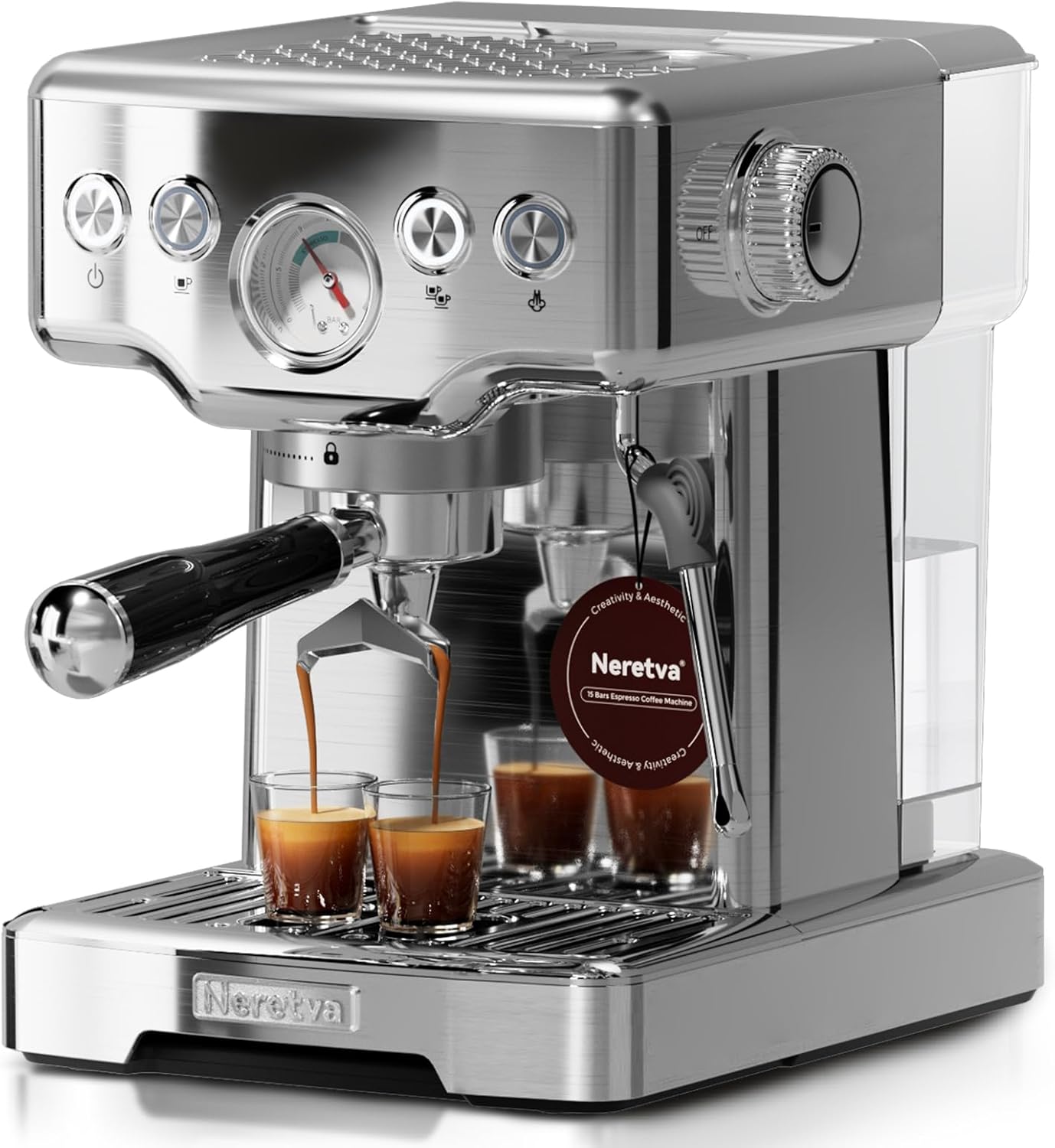 Neretva Portafilter Machine, Stainless Steel Espresso Machine, 15 Bar, Professional Portafilter Coffee Machine with Powerful Milk Frother, Visible Pressure Gauge, 1.8 L Tank, Includes Barista Kit