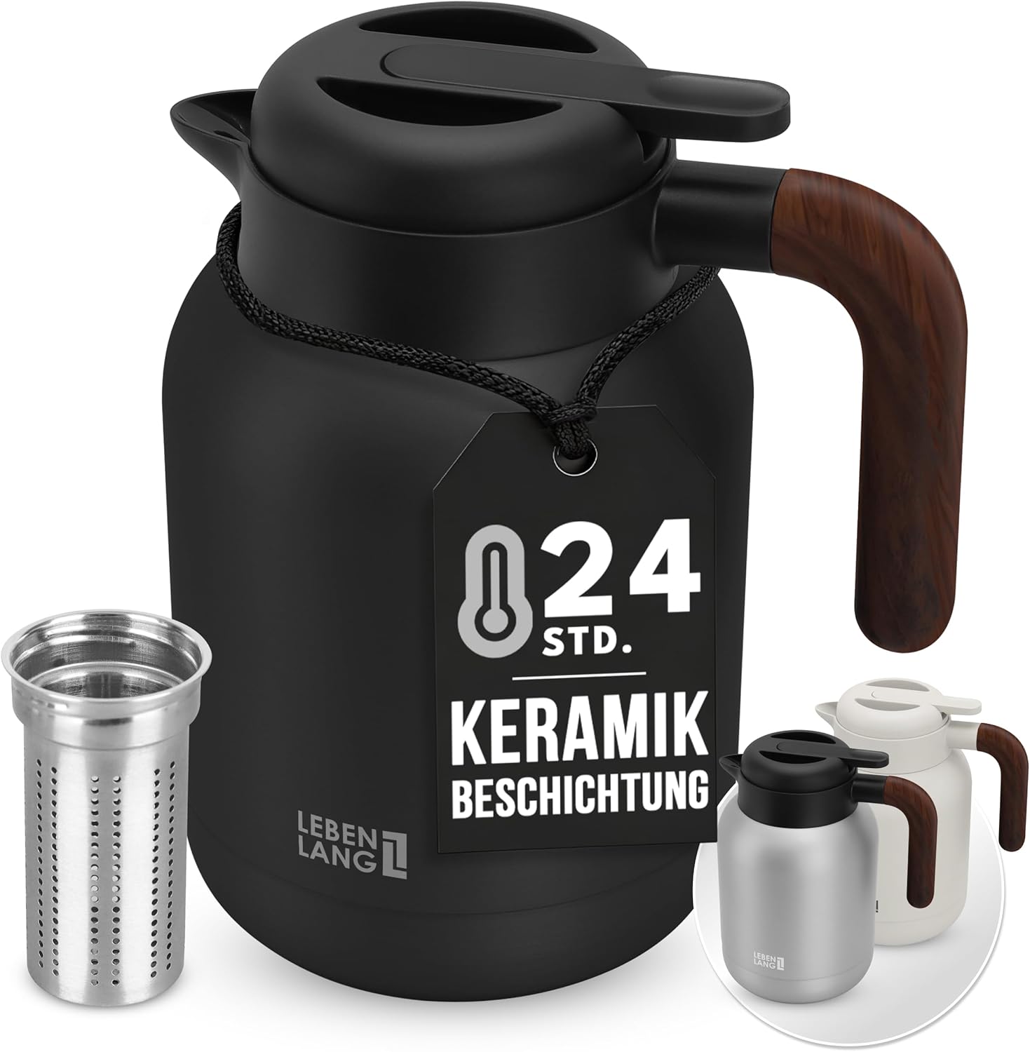 LEBENLANG Thermos Flask 1.5 L Ceramic Coating - Includes Tea Strainer I 24 Hours Hot I Coffee Pot Coffee & Teapot with Strainer Insert I Thermal Flask Tea Thermal Jug Thermos Flasks 1 5 Liters