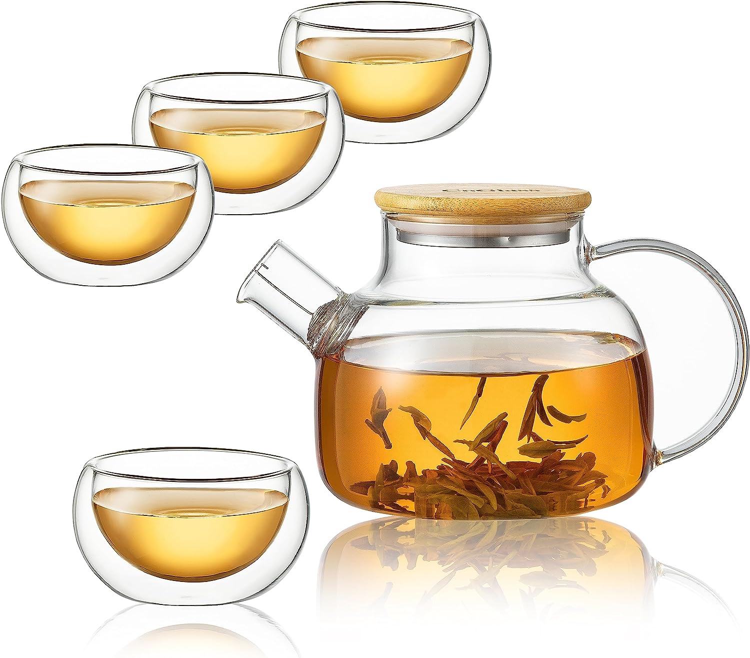 CNGLASS 900ml Glass Teapot with Bamboo Lid for Stovetop and Double Wall Glass Tea Cups, Glass Tea Maker, Gift Set for Loose Leaf and Blooming Tea, Pack of 4