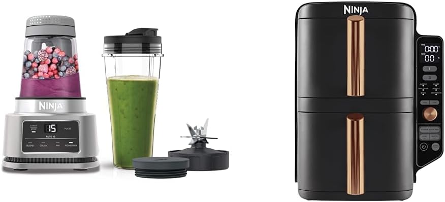 Ninja Foodi Power Nutri Blender 2-in-1 Mixes Smoothie Bowls and Frozen Drinks CB100EU + Ninja Double Stack XL Hot Air Fryer, Vertical Oil-Free Fryer with Two Drawers, SL400EUCP