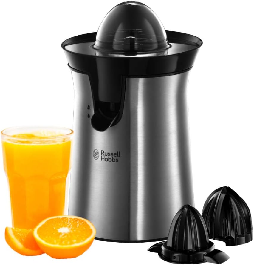 Russell Hobbs Store Russell Hobbs orange squeezer & electric citrus press (2 automatic left and right rotating cones for lemons / oranges), drip-stop function, dishwasher-safe, BPA-free, juice press 22760-56