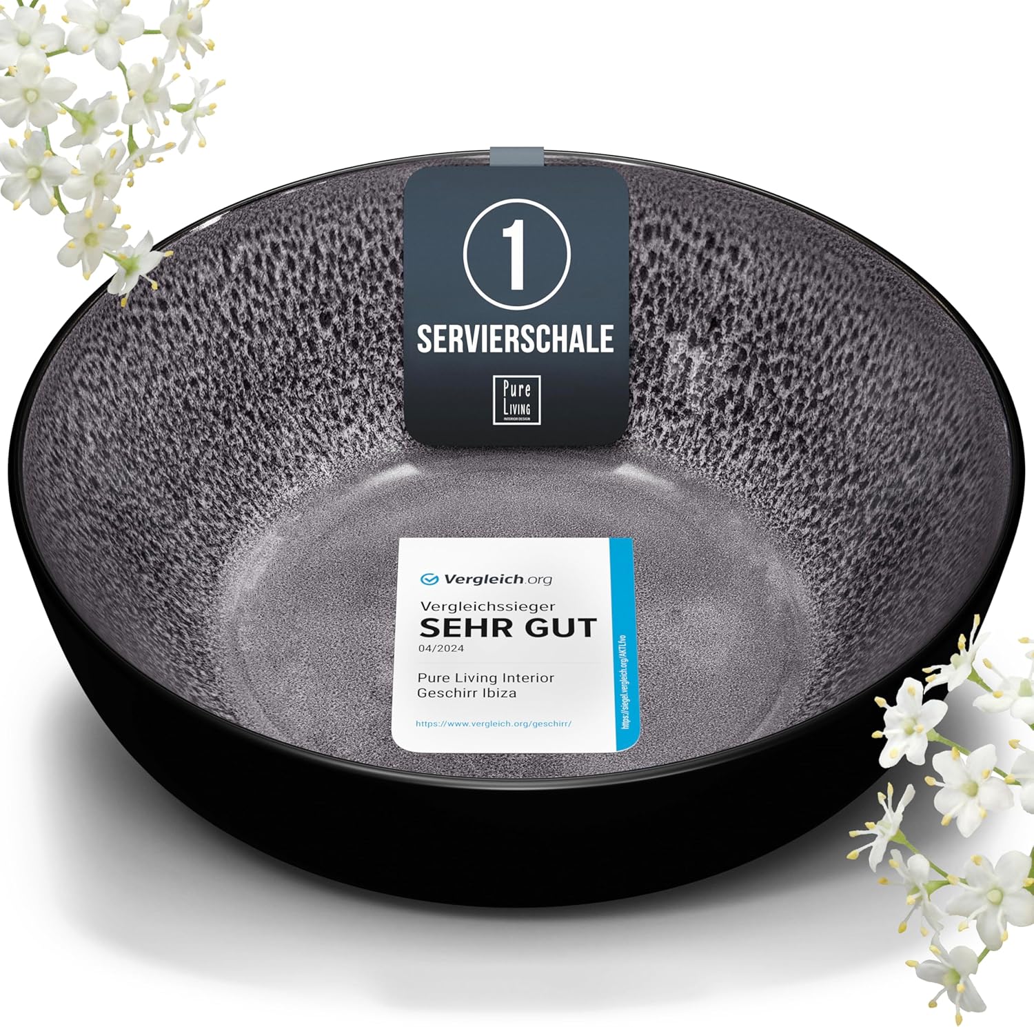 Pure Living Ibiza Stoneware Serving Bowl, High-Quality Mediterranean Salad Bowl, Serving Bowl, Dishwasher and Microwave-Safe, Scratch Resistant, Large Bowl, Salad Bowl, Cereal Bowl, Gray