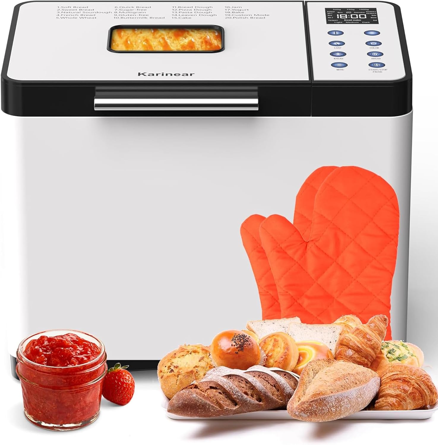 Karinear Bread Maker, 20 Program Functions Bread Maker with Gloves, 15-Hour Time Delay, 2 LB Stainless Steel Bread Maker with 3 Loaf Sizes and Crust Colours, White