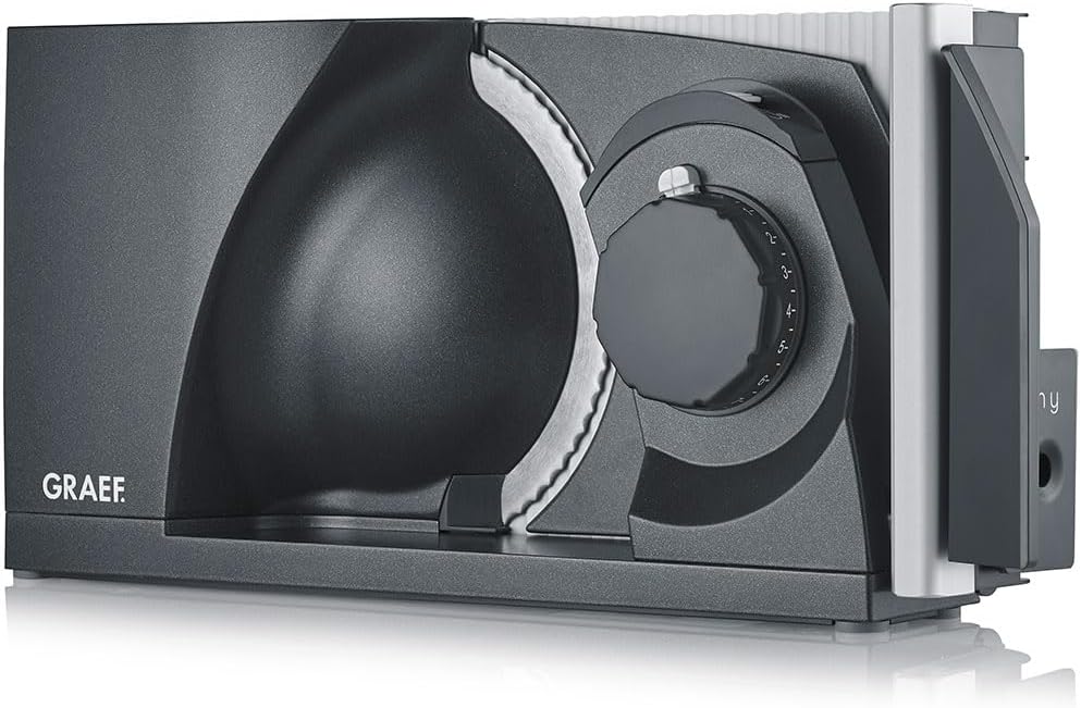 GRAEF. MYtiny MT1006 Folding All-Purpose Slicer, Made in Germany, Full Metal, Serrated Blade 170 mm, Cutting Thickness 0-15 mm, Energy-Saving Motor 170 W, Bread Slicer, Compact, Iron Mica Grey