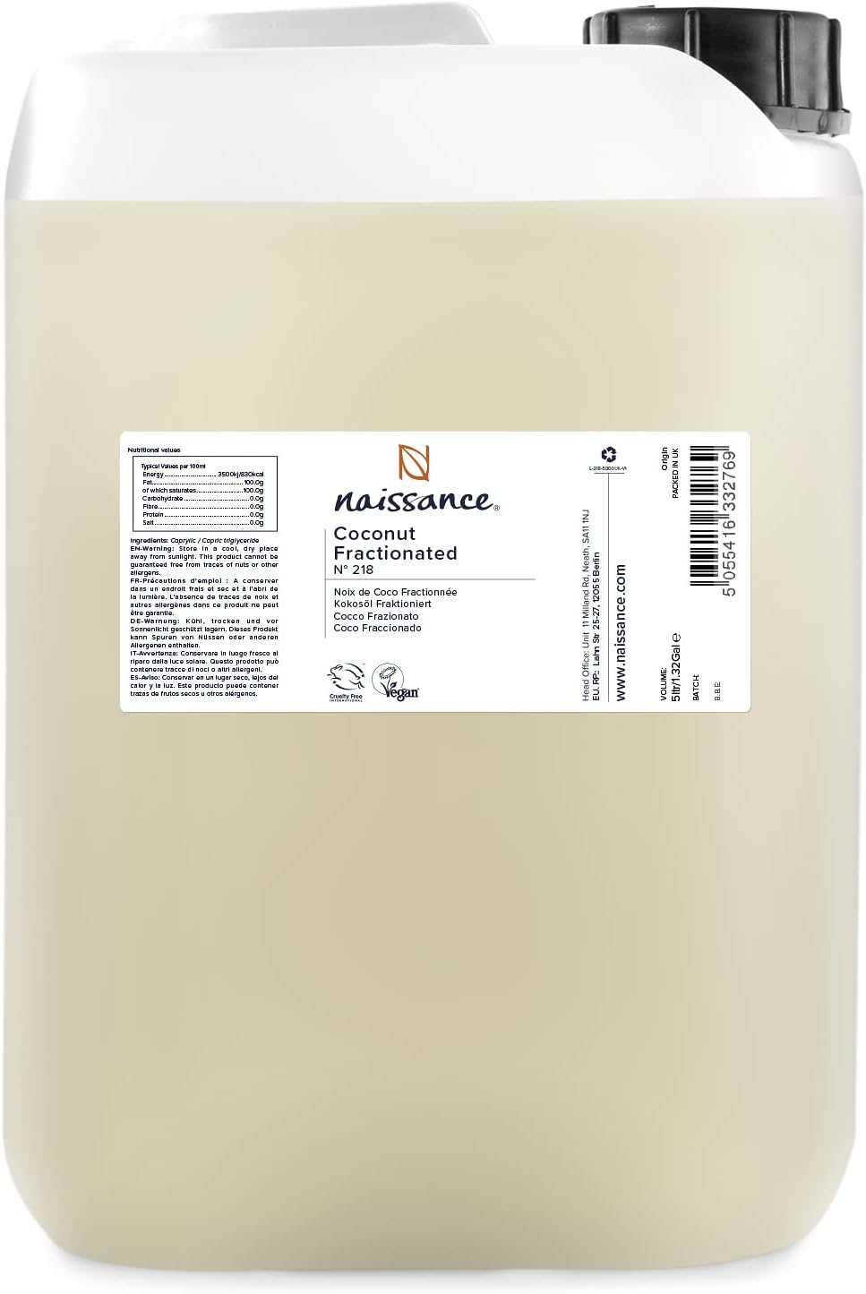 Naissance Coconut Oil Fractionated (No. 218) 5 Litres (5000 ml) 100% Pure
