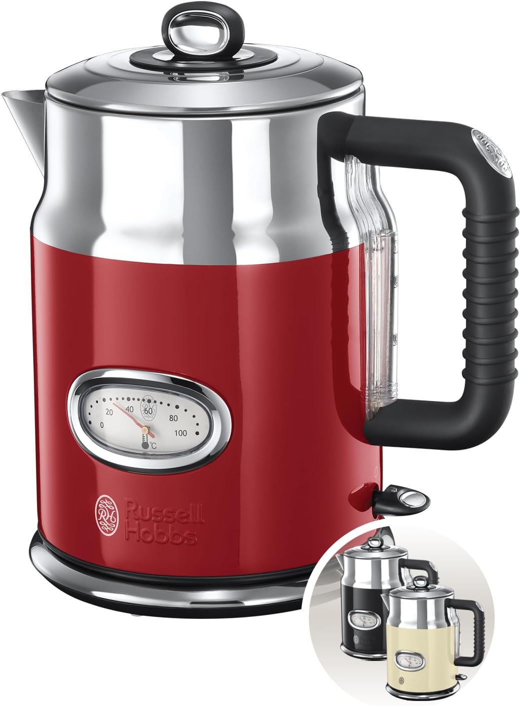 Russell Hobbs Kettle [1.7l, 2400W] Retro Red and polished stainless steel (Rapid boil function, retro water temperature display, external water level indicator) Vintage Tea Kettle 21670-70
