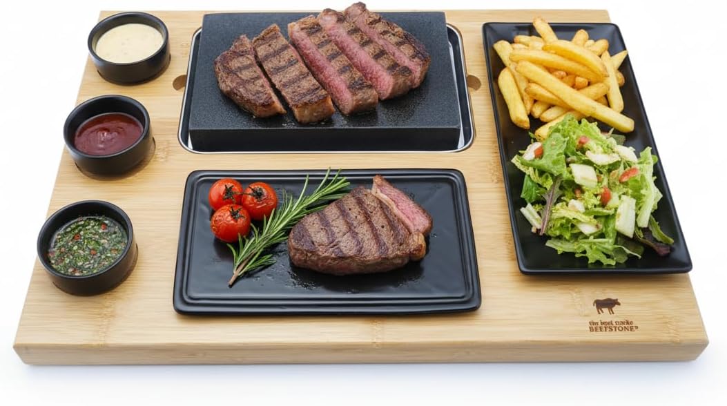 Hot Stone Lava Stone Steak Board Model EVO with Slate Plate, 3 Dip Bowls and a Side Plate, 8 Pieces, Hot Stone Steak