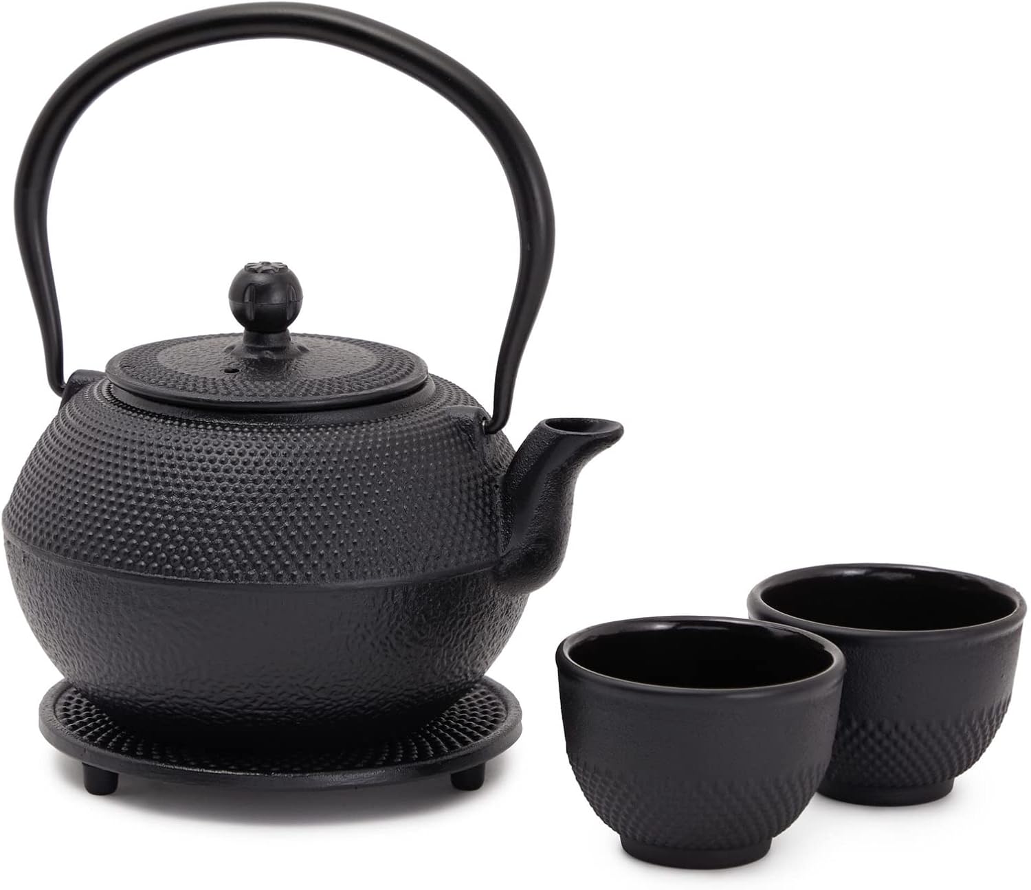 Juvale Black Cast Iron Tea Kettle Set 2 - Contemporary Dutch Hobnail Design Trivet, Two Cups - 1200 mL
