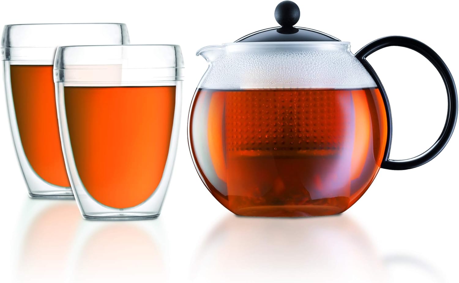 Bodum Assam Tea Press, 1.0 L, with 2 Double-Walled PC Cups 0.35 L, Polycarbonate, Set Black, 1.0 L