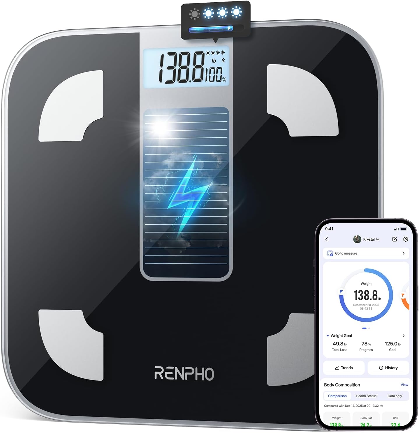 RENPHO Store RENPHO Elis Solar 1 Digital Personal Scales without Battery, Solar-Powered Scales, Unlimited Energy, Body Fat Scales with Smart App, Persons with 50 g Accuracy, 180 kg