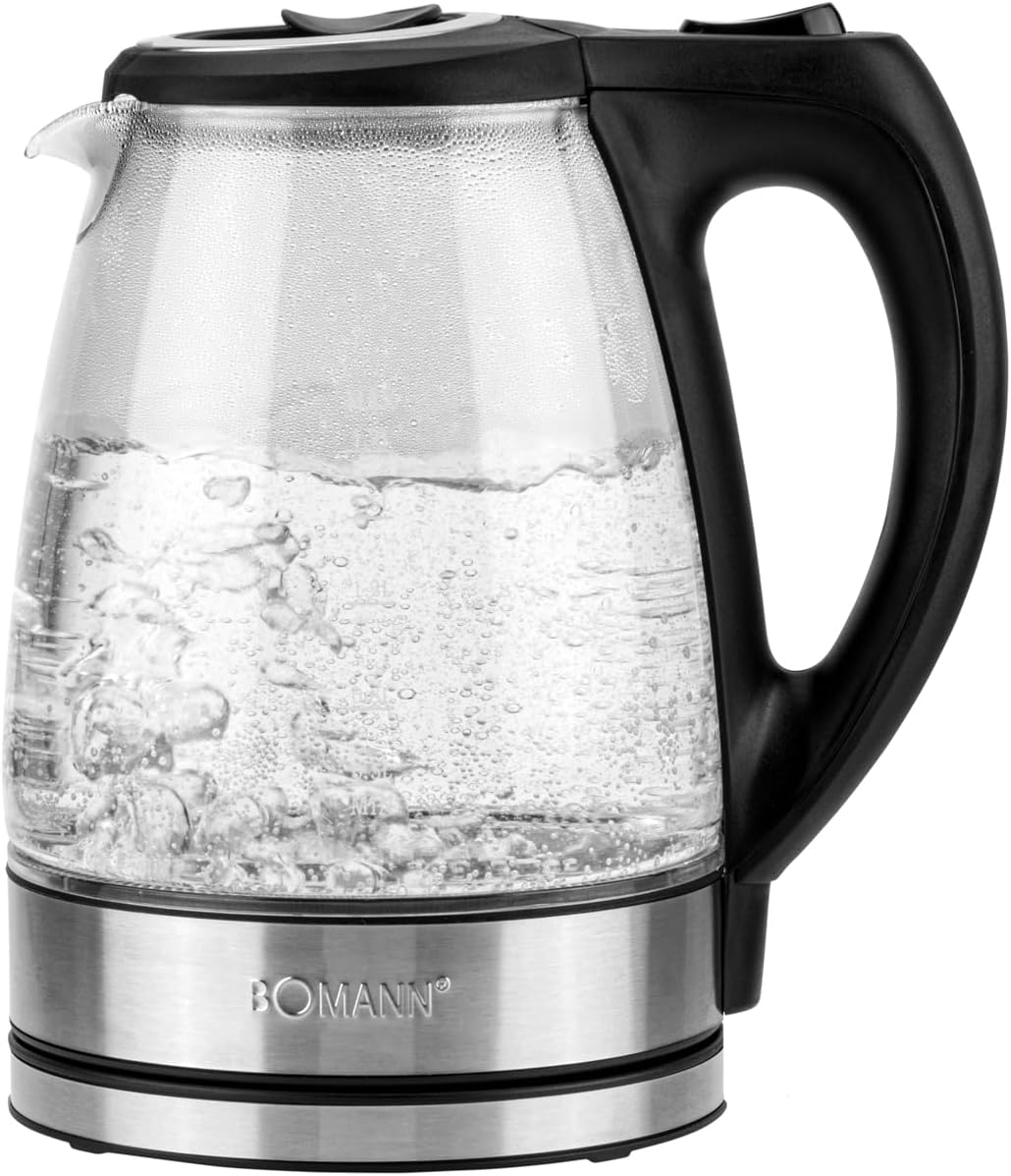 Bomann® WKS 6032 CB Kettle Stainless Steel 1.7 Liters BPA Free Kettle Glass 2200 W Safety Glass Water Level Indicator with Cable Winder Kettle Stainless Steel Kettle