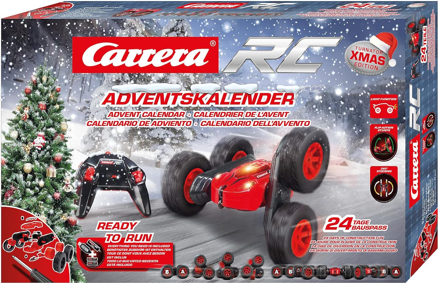 Carrera RC X-Mas Turnator I Advent Calendar for Children & Adults, Boys & Girls I Advent Calendar Kit I LED Lighting I Long-Lasting Driving Fun & Fast Charging I Remote Controlled Car