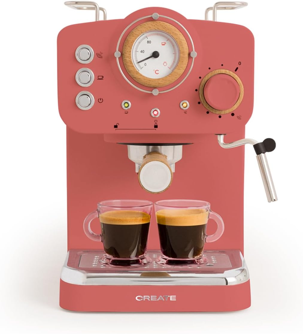 CREATE Thera Retro Semi-Automatic Coffee Machine, Terracotta Matt and Wood, 20 Bar Pressure Pump, 1100 W, 1.25 L Water Container, for Ground Coffee, 55 mm ESE Pads, with Steamer, 1100 W