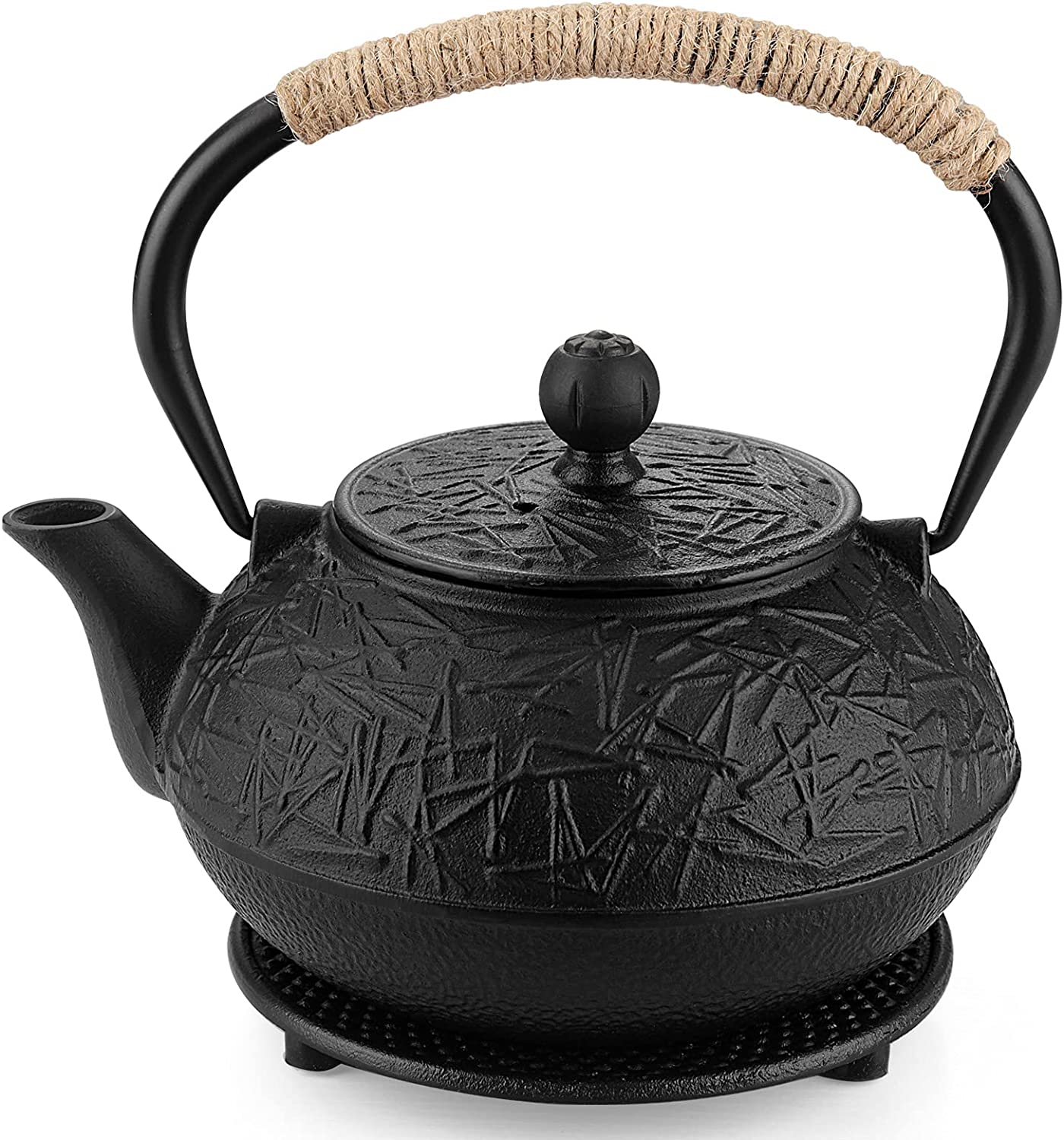 Japanese Style Cast Iron Teapot with Removable Stainless Steel Strainer, Fuloon 30 oz/0.9 L Cast Iron Teapot with Saucer Black (Pine Needles)