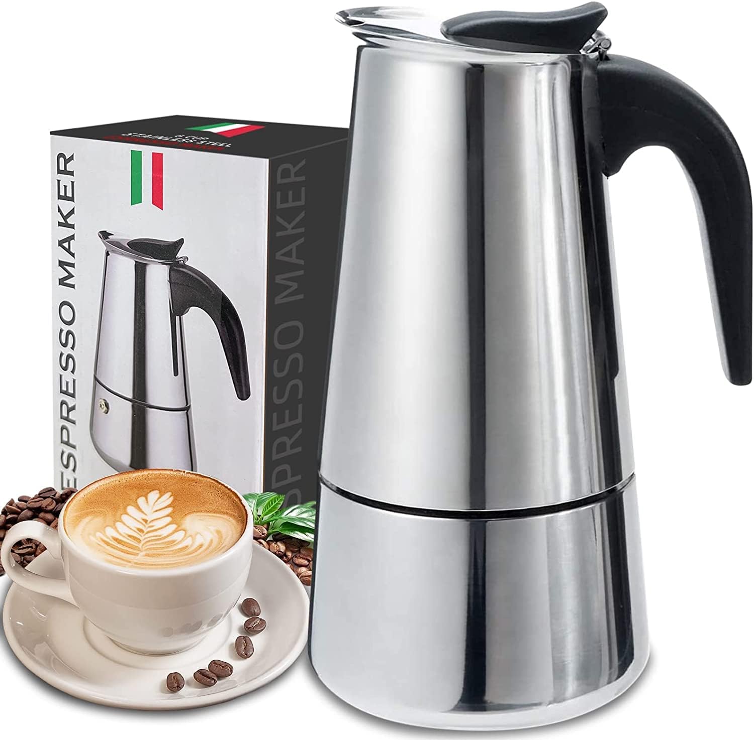 Stainless Steel Mocha Pot, Italian Coffee Maker, 9 Cups/425 ml, Espresso Maker for Gas or Electric Ceramic Hob, Manual Cuban Coffee Percolator, For Cappuccino or Latte