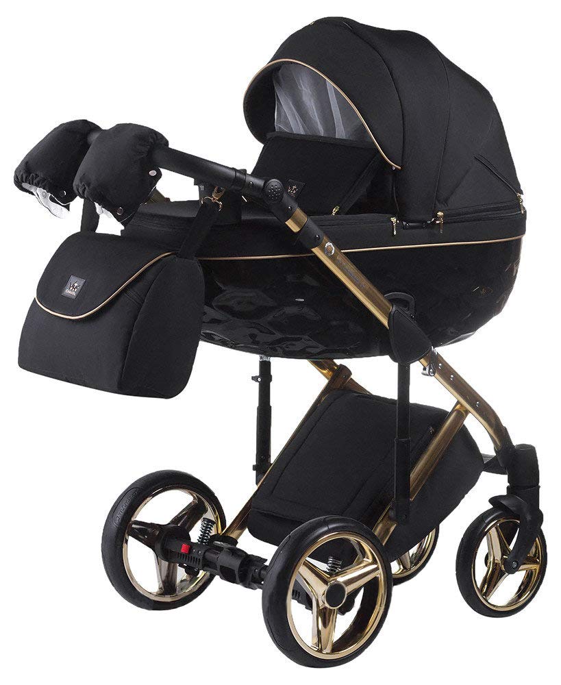 Adamex Pushchair Buggy Combination Pram Complete Set + Wiecke Bag with Changing Mattress + Film + Mosquito Net + Cup Holder and Winter Muffs (C1-A Black - Shiny Gold Frame, 2-in-1)