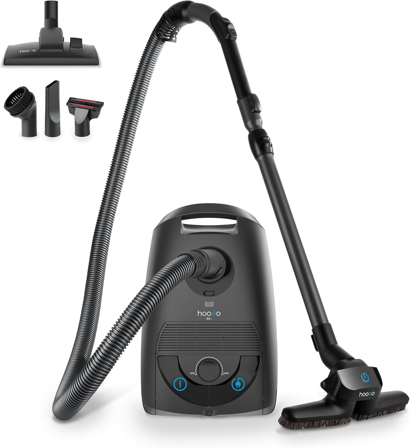 hoogo B3+ Graphite with Flip-Flop Floor Nozzle, Vacuum Cleaner with Bag, Strong 850 W Suction Power, HEPA 14 Filter, 11 Meter Radius, Only 74 dB(A), 3 L Capacity