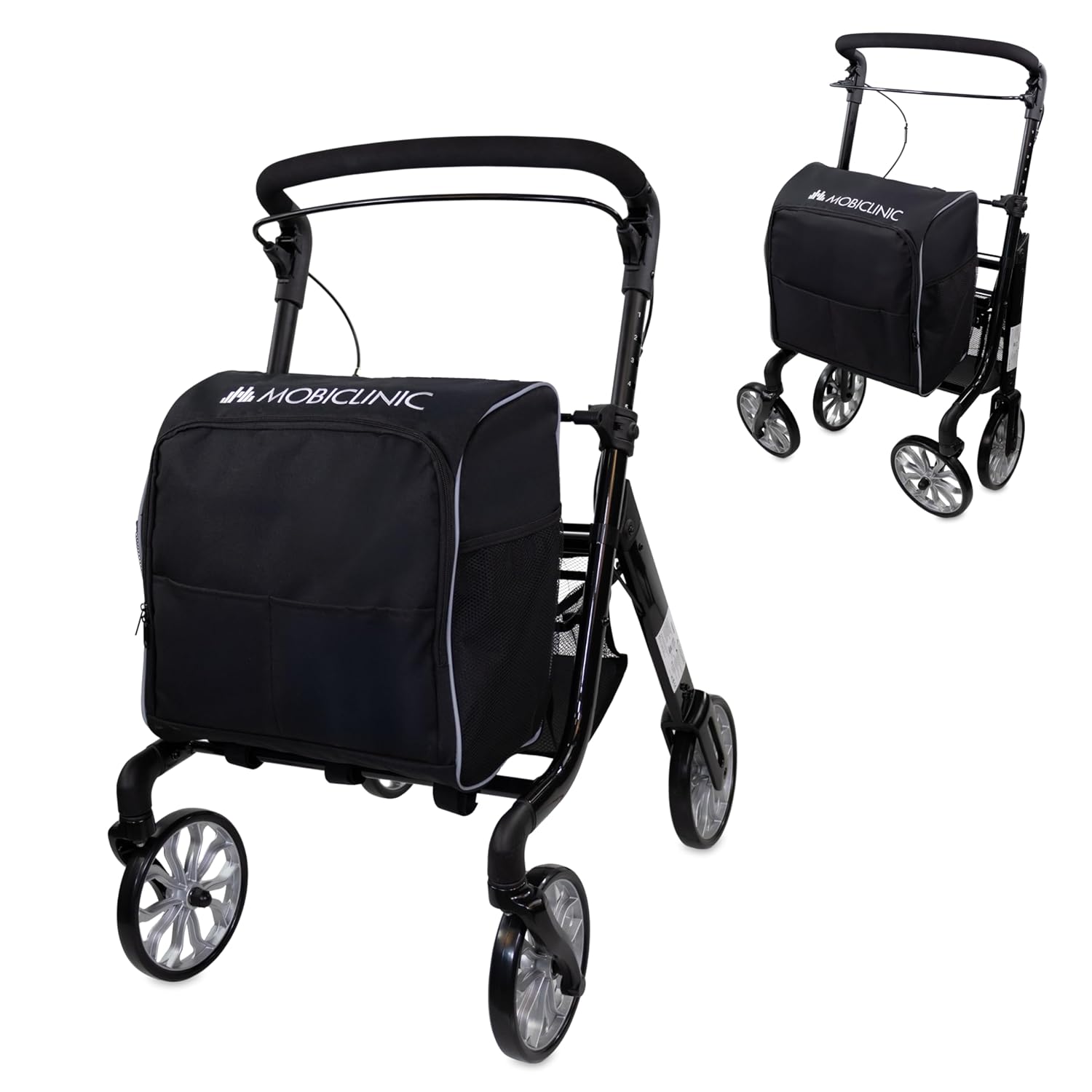 Mobiclinic, Folding Rollator + Shopping Trolley, 2-in-1, Parking Brake, 6-Way Height Adjustable, Single Lever Handle, Basket and Removable XXL Bag, 360° Wheels, Heavy Duty, Aluminum, Shapes