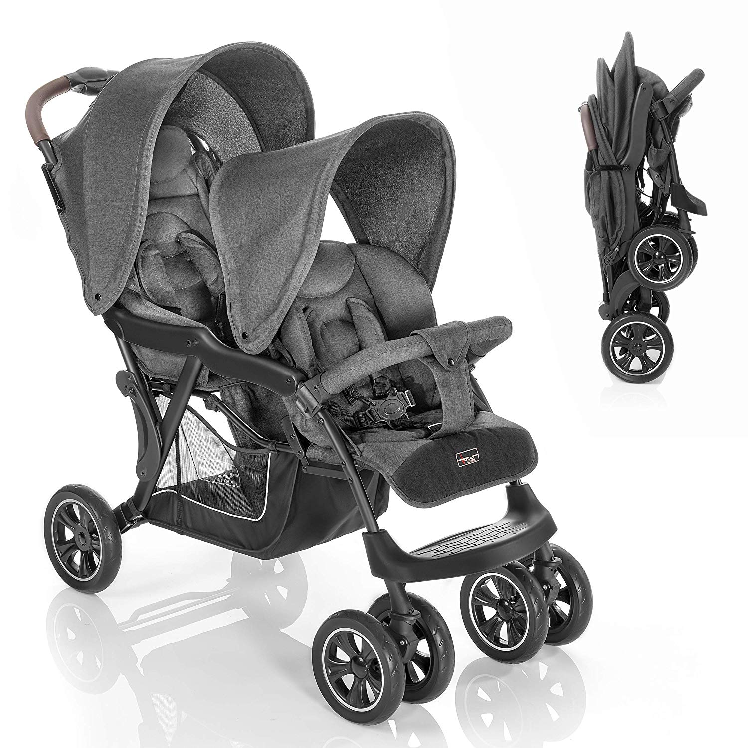 HOCO. Hoco Tandem Twin Pushchair - Lightweight Buggy for 2 Children/Narrow and Agile Sibling Pushchair, Small Folding with One-Hand Folding Mechanism - Grey