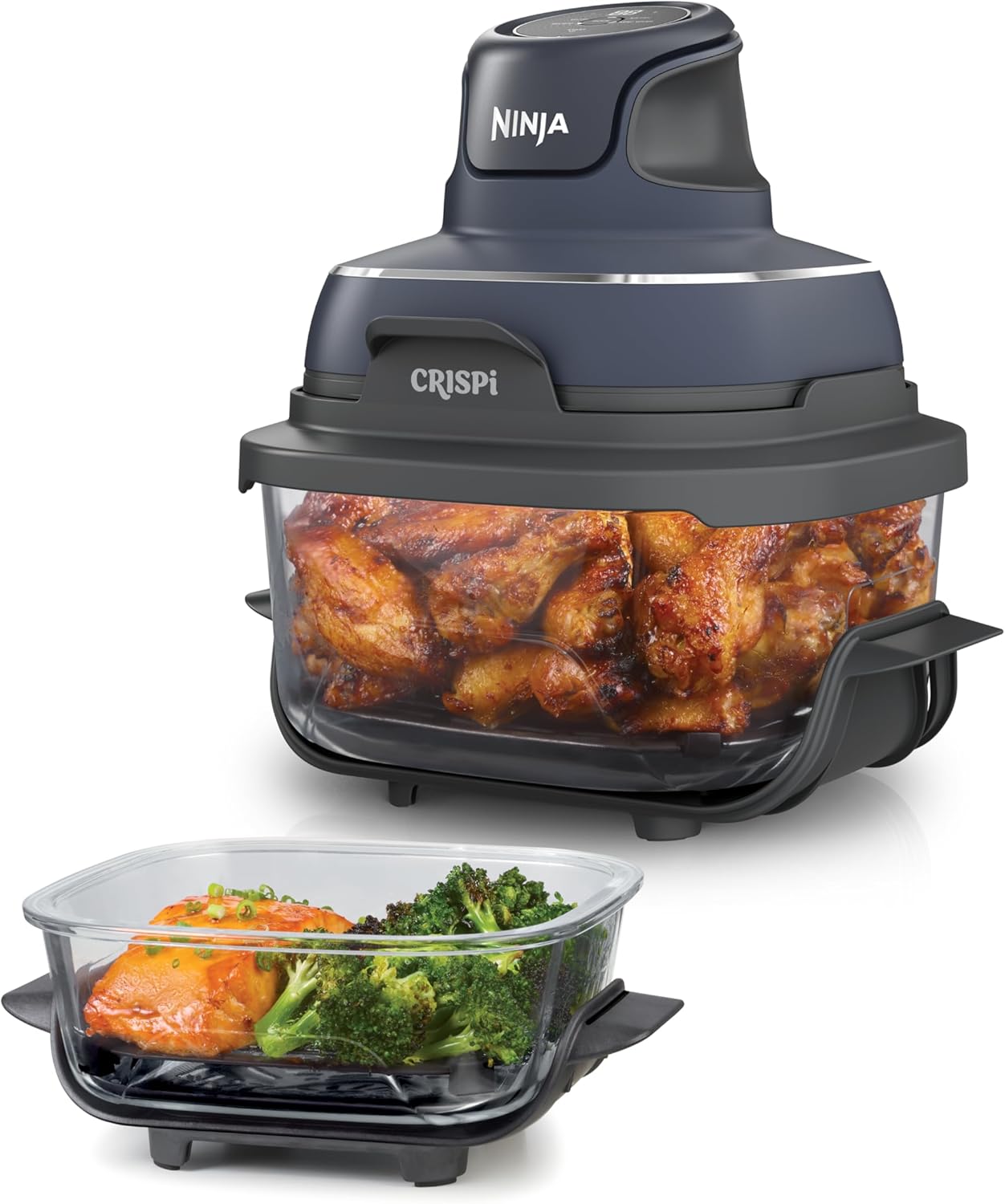 Ninja CRISPi Portable Air Fryer Hot Air Fryer, 3.8 L, 4-in-1: Hot Air Frying, Roasting, Keeping Warm, Recrisp, Compact, 6 Servings, 2 x Removable Glass Containers & Lid, 1700 W, Gray FN101EUGY