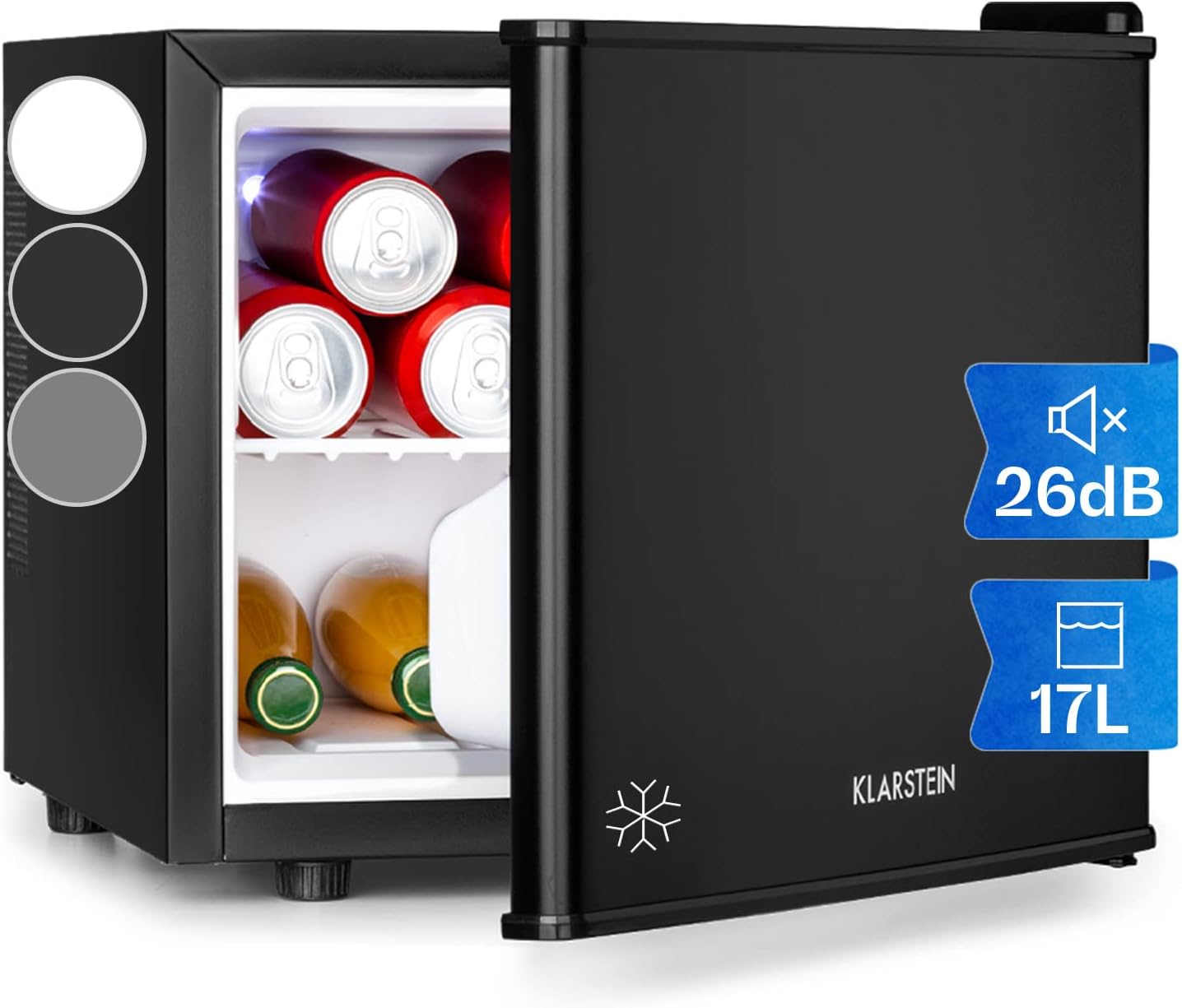 Klarstein Store Klarstein Mini Fridge for Drinks, Small, Silent, Skincare Fridge, 3 Cooling Levels, Camping, Mini Fridge for Room, Office 0-15°C, 17 L