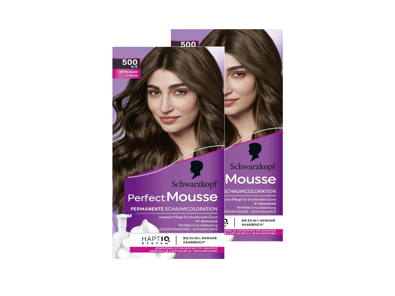 Schwarzkopf Perfect Mousse Permanent Foam Colouration 500/5-0 Medium Brown (2 x 93 ml), Hair Color with Perfect Gray Coverage, Colouration for Intensive Care and Radiant Shine