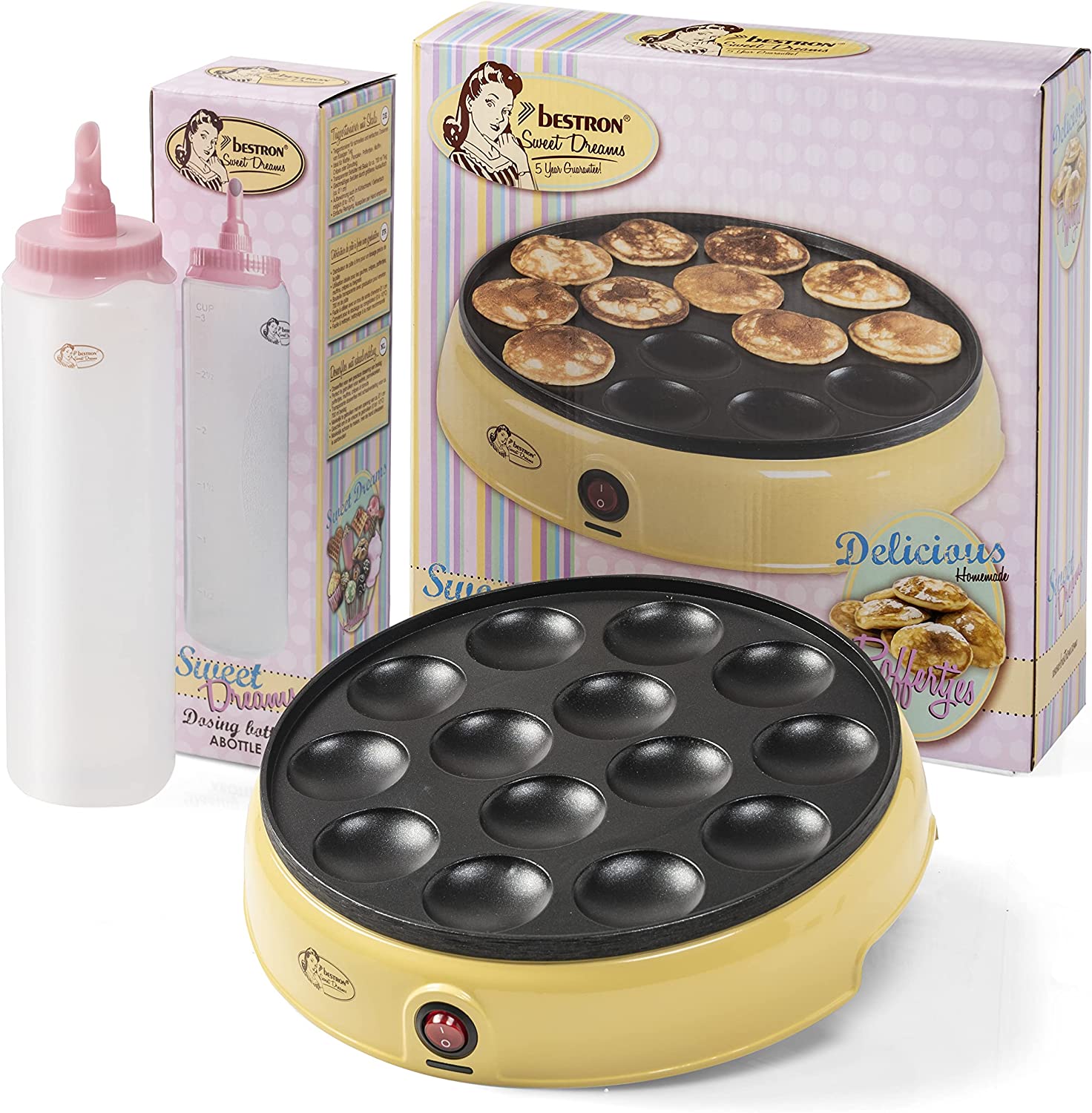 Bestron Poffertjesmaker Value Pack with Dough Bottle for 700 ml, Ideal for festive, Easter or Children\'s Birthdays, Retro Design, 800 Watt, Colour: Yellow/Pink