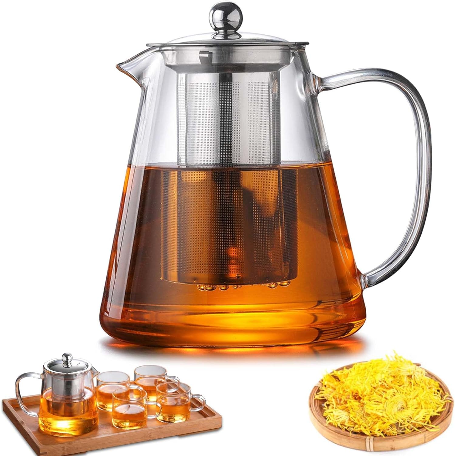 Teapot with Strainer Insert and Lid, 1300 ml Glass Borosilicate Teapot, Glass Tea Maker with Removable Strainer Insert, Glass Teapot Robust Heat Resistant for Loose Teas Fruit Tea Scented Tea