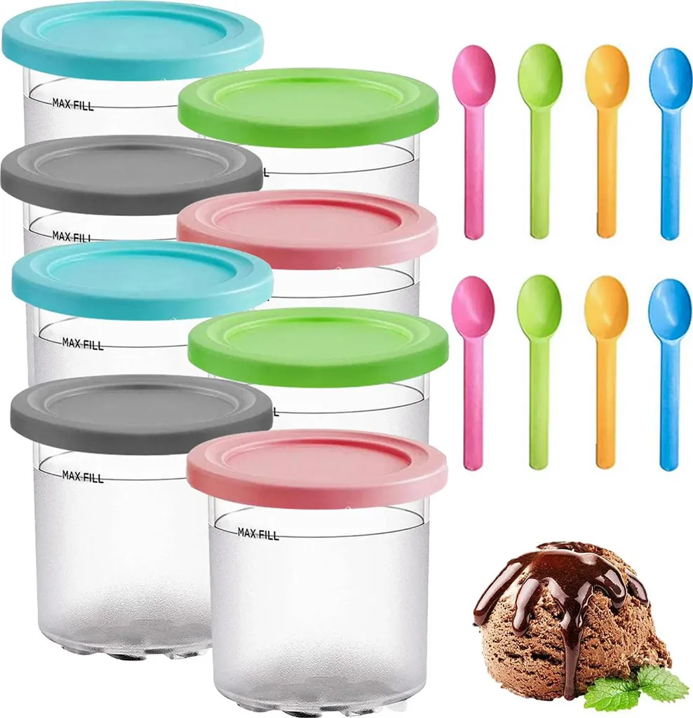 Slyrun Set of 8 ice cream containers with lids, storage containers for Ninja ice cream maker, including spoons