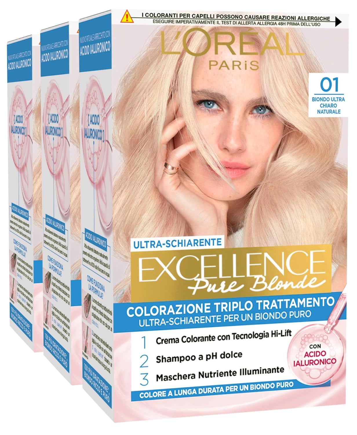 L\'Oréal Paris Excellence Pure Blonde 01, Ultra Light Natural Blonde, Triple Dye, Covers 100% White Hair, Long Lasting and Ultra Sharp, 3 Colors