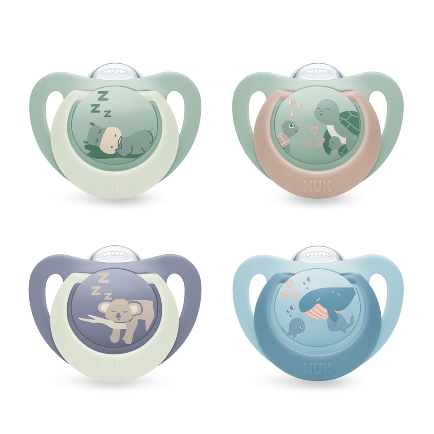 NUK First Choice Day & Night Baby Dummies | 18-36 Months | Orthodontic Dummies that Glow in the Dark | Soothes 99% of Babies** | Assorted | Pack of 4