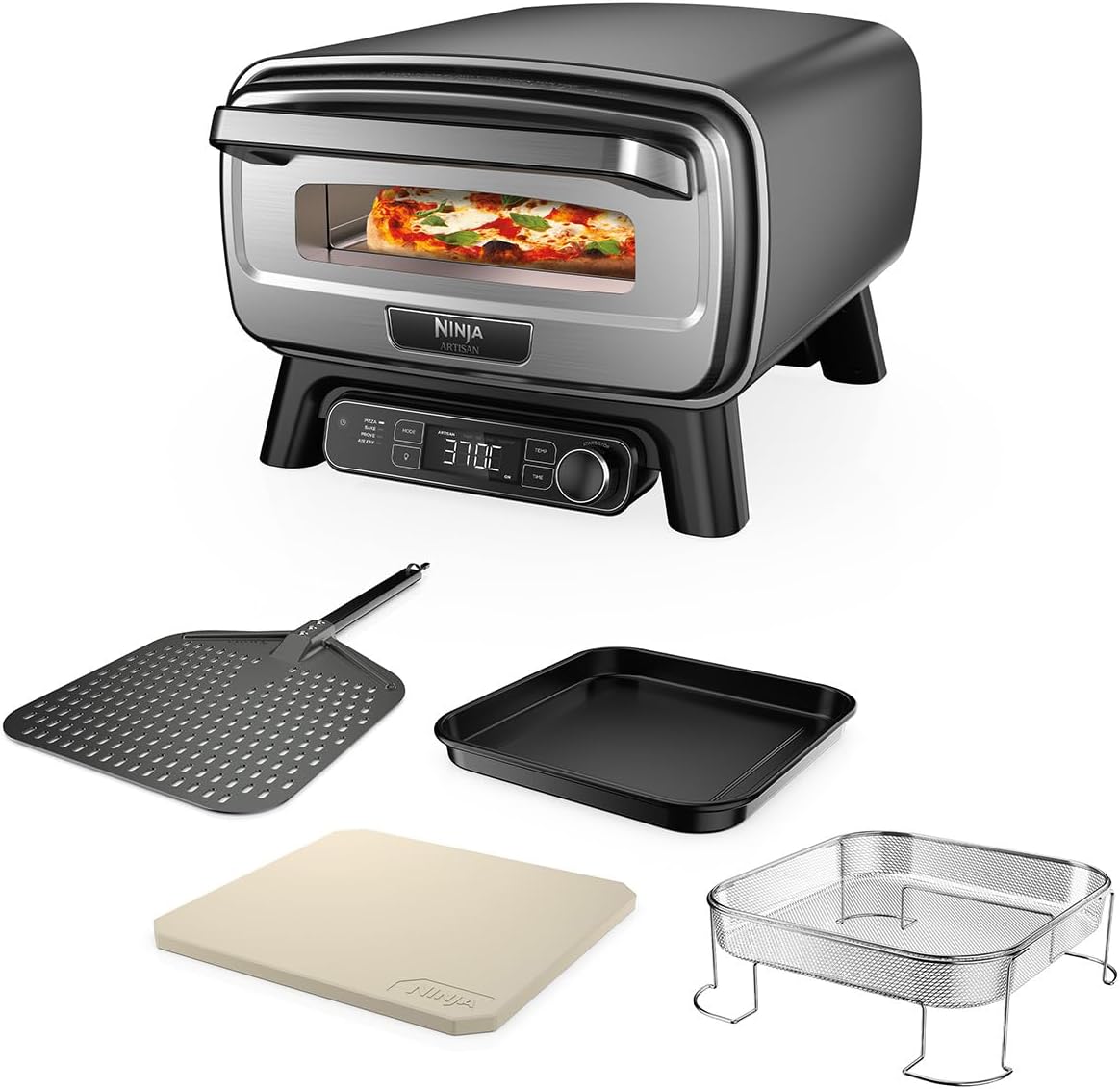 Ninja Artisan MO201EU Outdoor Pizza Oven and Hot Air Fryer, 4 Functions Pizza, Air Fry, Bake, Prove, 5 Pizza Inserts, with 30cm Pizza Stone, Pizza Bowl, Baking Tray, Hot Air Fryer Basket, Gray
